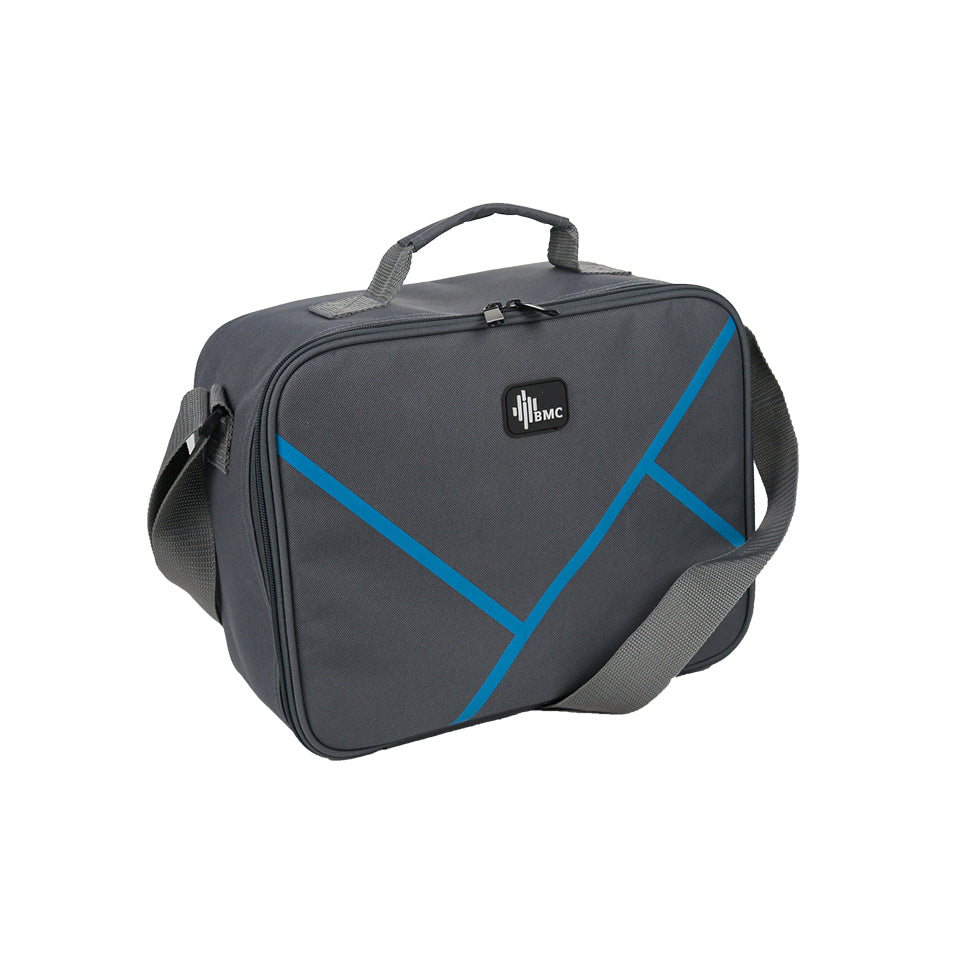 A black and grey CPAP carry bag with blue diagonal accents, a top handle, and an adjustable shoulder strap, designed for storing and transporting CPAP equipment.
