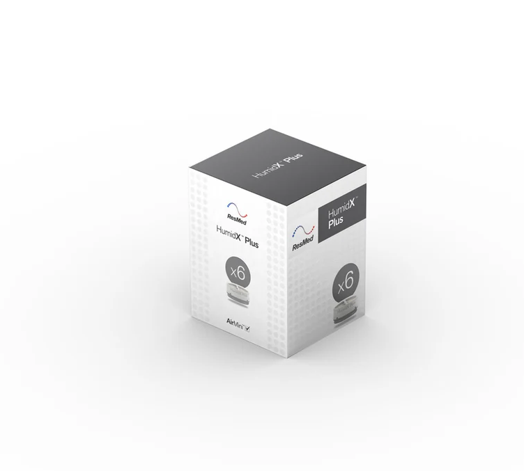 The packaging of 6 quanitites of the HUMIDX+ AIRMINI RESMED