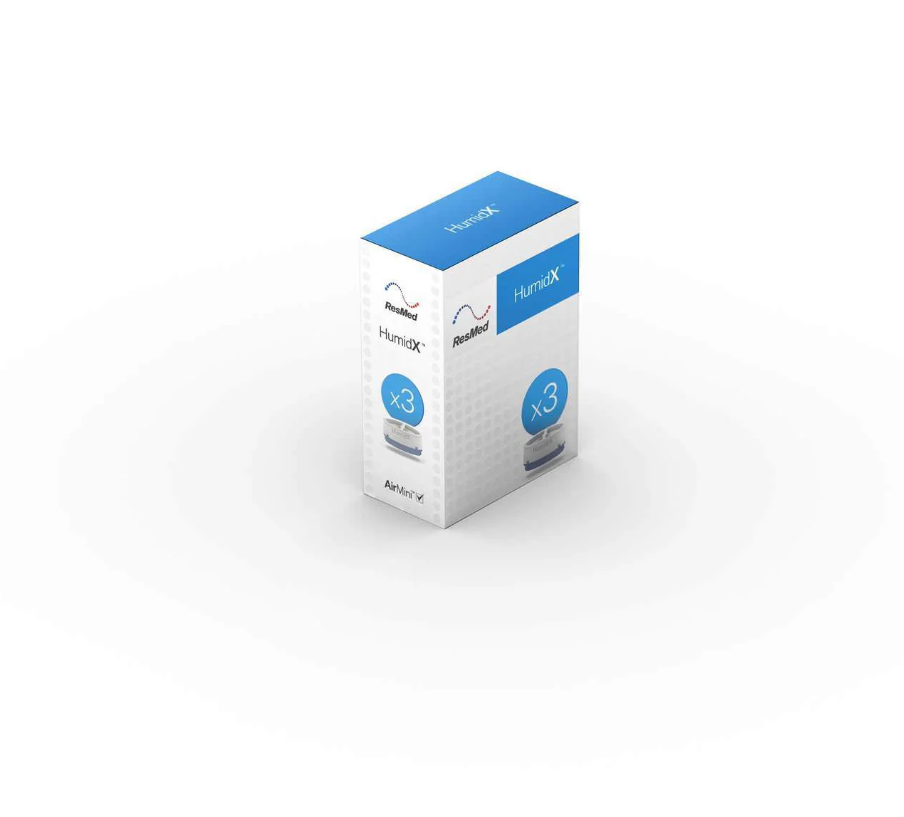 A product packaging image showing the ResMed HumidX box for 3, featuring a blue and white design with branding and product details.