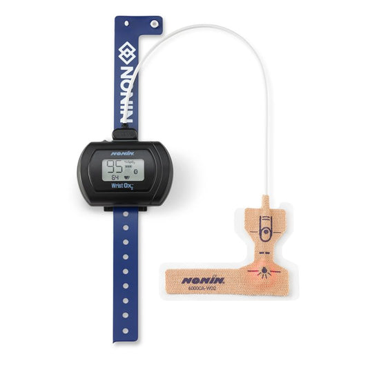 NONIN Single-Use Sensor & Wrist Band set, featuring a blue adjustable wristband, black pulse oximeter, and disposable sensor with an attached cable for the Nonin 3150 BLE WristOx-2