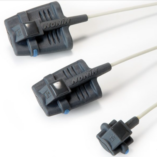 Set of three Nonin Reusable Pulse Oximetry Soft Sensors in small, medium, and large sizes, featuring flexible black casing and attached cables for SpO2 monitoring.