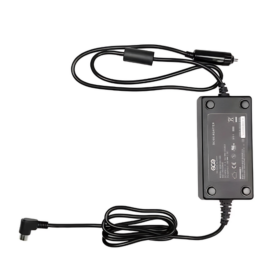 GCE® Zen-O™ DC adapter with a black rectangular power brick, car charger plug, and output cable for powering Zen-O™ portable oxygen concentrators in vehicles.